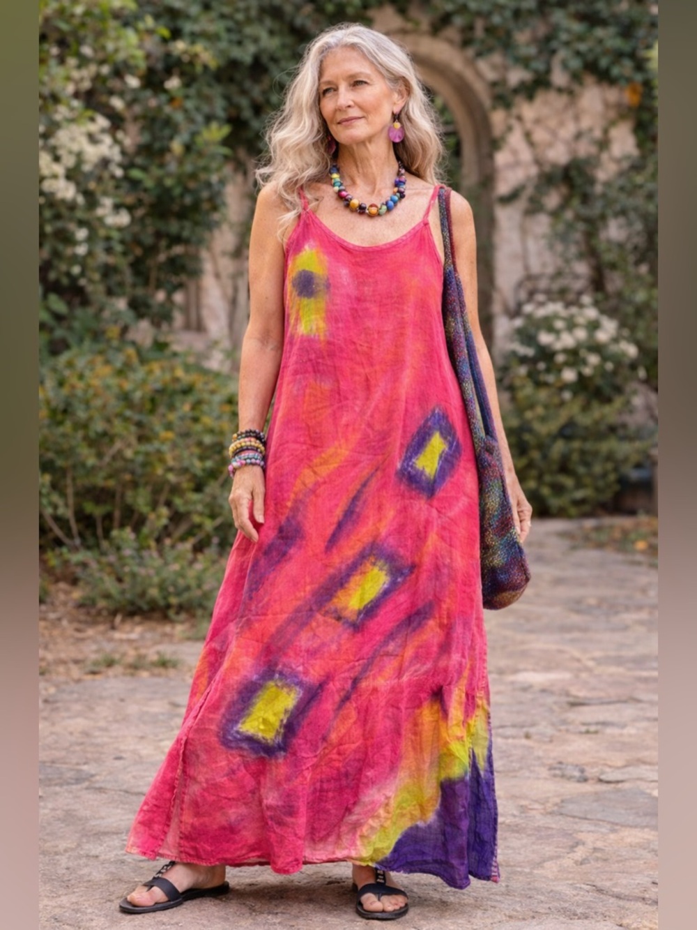 FLAX Jeanne Engelhart Pink Hand-Dyed Maxi Dress Wearable Art